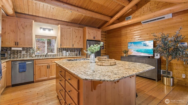 kitchen with wooden ceiling, stainless steel appliances, lofted ceiling with beams, and light wood-style floors