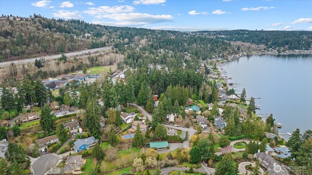 drone / aerial view featuring a wooded view and a water view