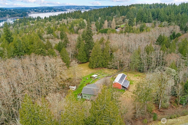 drone / aerial view featuring a forest view and a water view