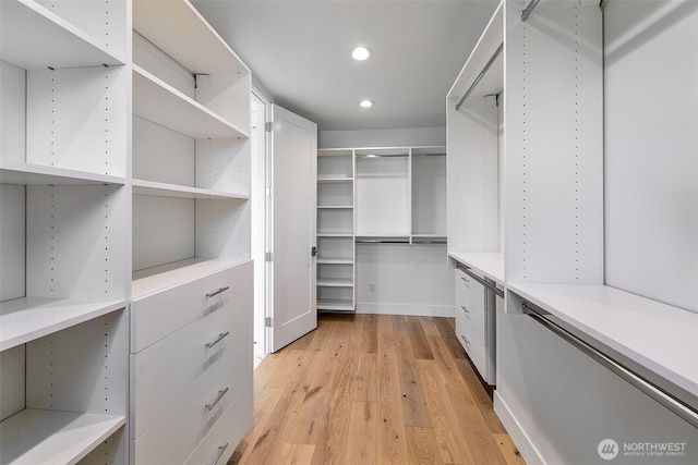 walk in closet with light wood finished floors