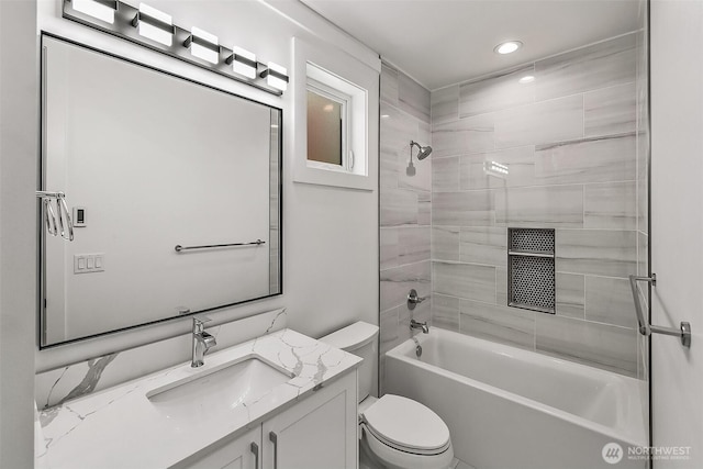 full bathroom with toilet, shower / bath combination, recessed lighting, and vanity