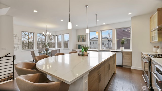 kitchen with appliances with stainless steel finishes, dark wood finished floors, a sink, and recessed lighting