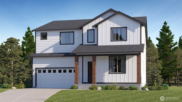 modern farmhouse style home with a garage, board and batten siding, a front lawn, and concrete driveway