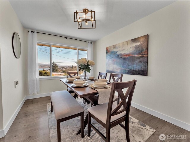 dining room with baseboards, a chandelier, and wood finished floors