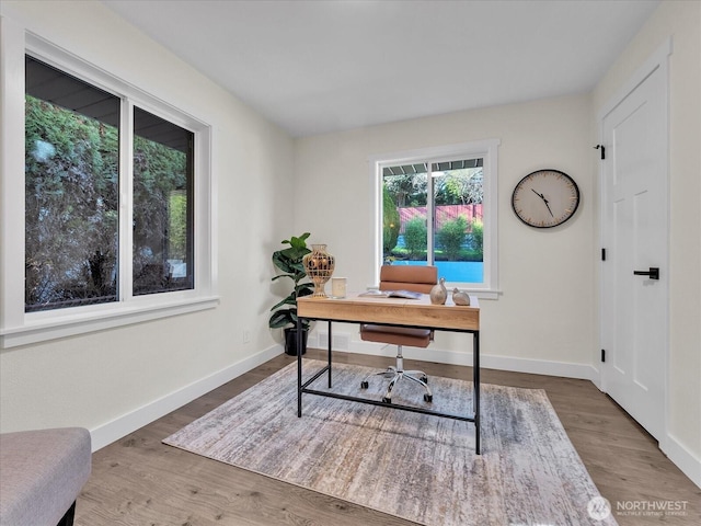 office with baseboards and wood finished floors