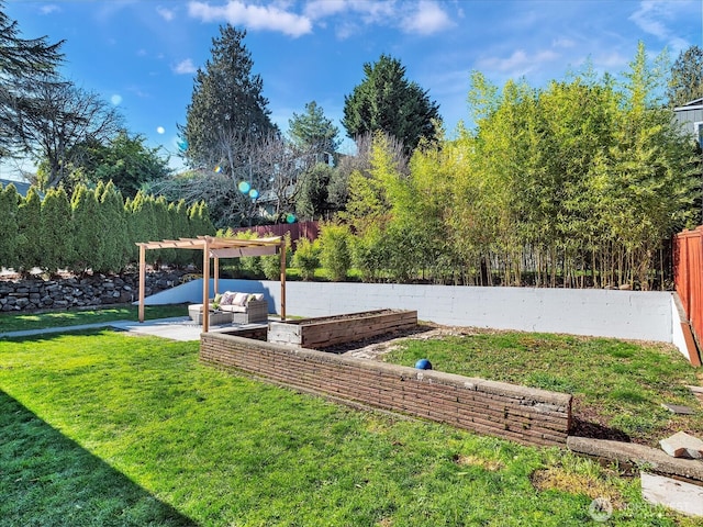 view of yard with an outdoor hangout area, a patio, fence, and a pergola