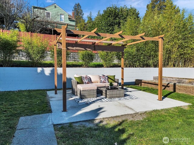 view of patio featuring a fenced backyard, an outdoor living space, and a pergola