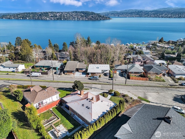 bird's eye view featuring a water view and a residential view