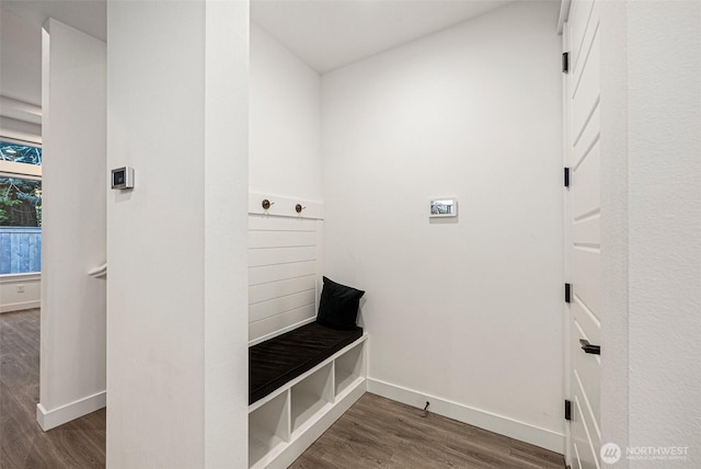 mudroom with baseboards and dark wood-style flooring