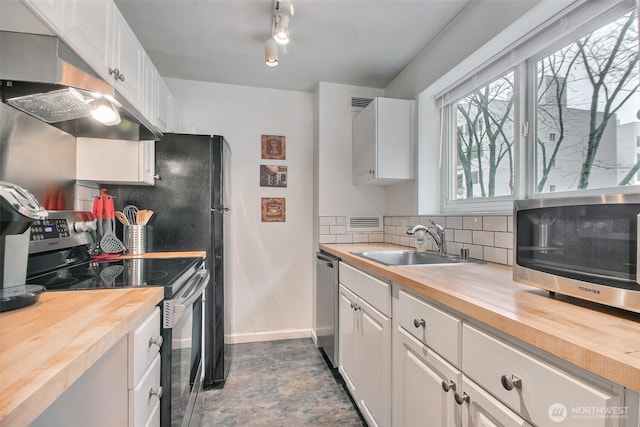 kitchen featuring under cabinet range hood, a sink, tasteful backsplash, appliances with stainless steel finishes, and wooden counters