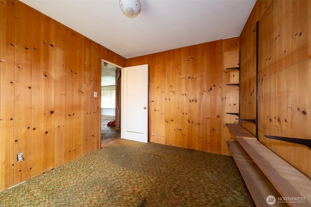 carpeted empty room with wood walls