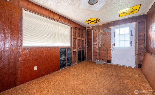 unfurnished living room featuring wood walls and carpet