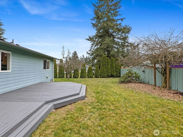 view of yard featuring a wooden deck and fence