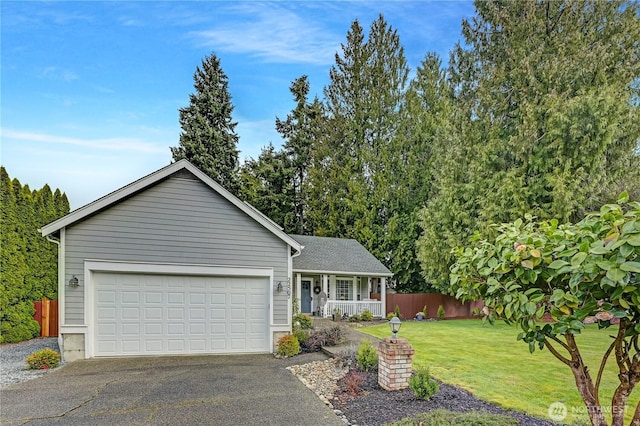 single story home with fence, aphalt driveway, a porch, a front yard, and an attached garage