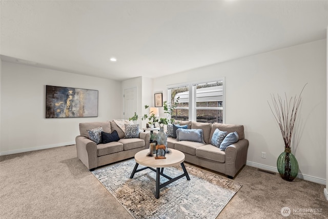 living area with visible vents, recessed lighting, baseboards, and carpet floors