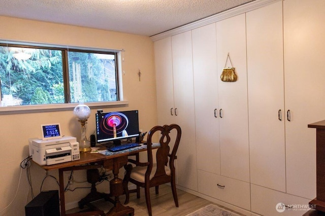 home office with light wood finished floors and a textured ceiling