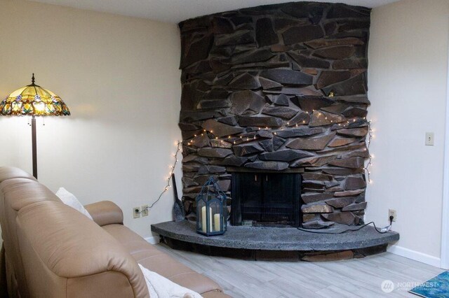 details with wood finished floors, a fireplace, and baseboards