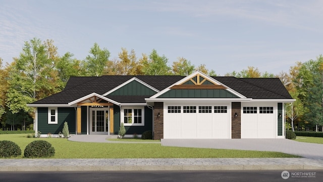 view of front of home featuring a front lawn, a garage, board and batten siding, and concrete driveway