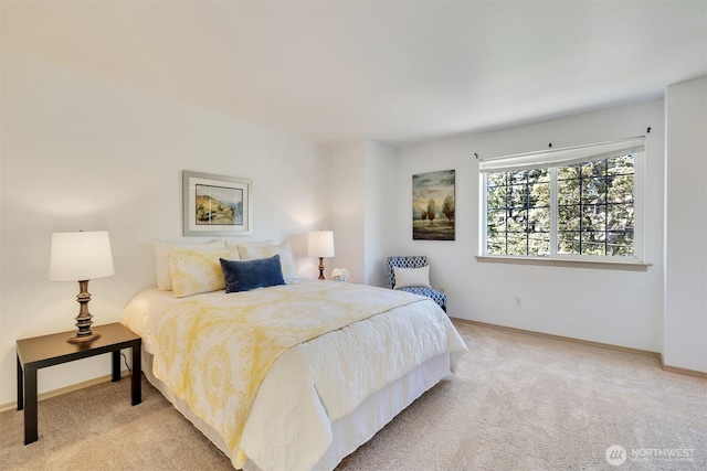 bedroom with baseboards and light carpet