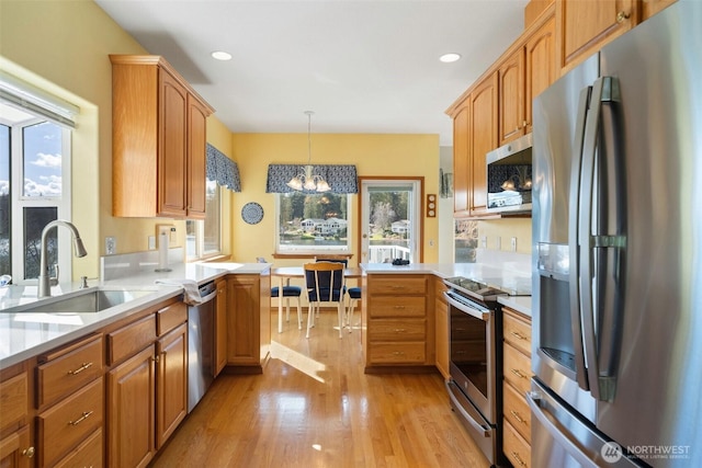 kitchen featuring stainless steel appliances, a sink, light countertops, and light wood-style floors