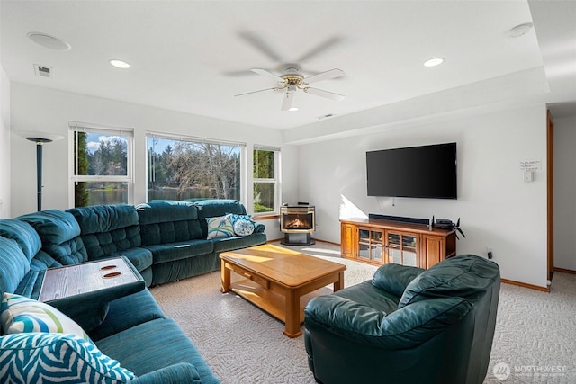 living area with recessed lighting, light colored carpet, visible vents, ceiling fan, and baseboards