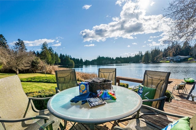 dock area featuring outdoor dining area and a water view