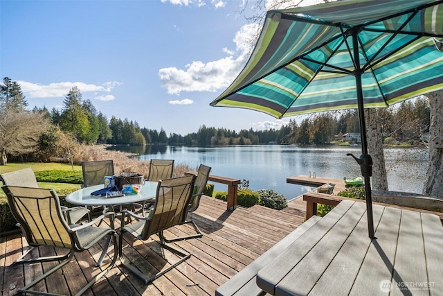 dock area featuring outdoor dining area and a water view