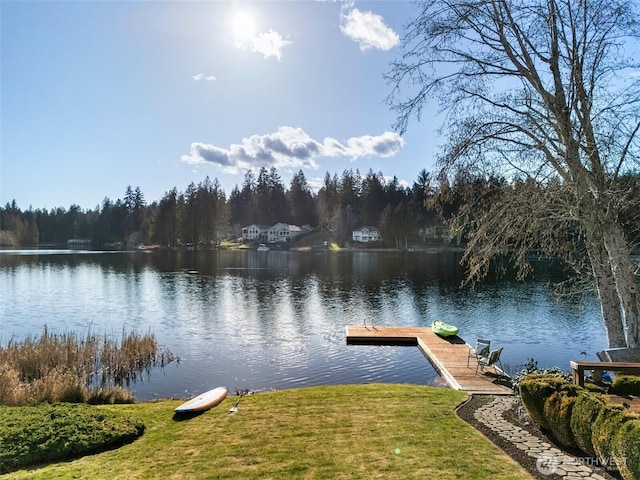 view of dock featuring a water view and a lawn