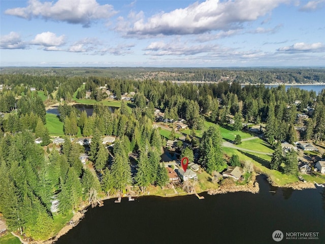 birds eye view of property with a water view and a view of trees