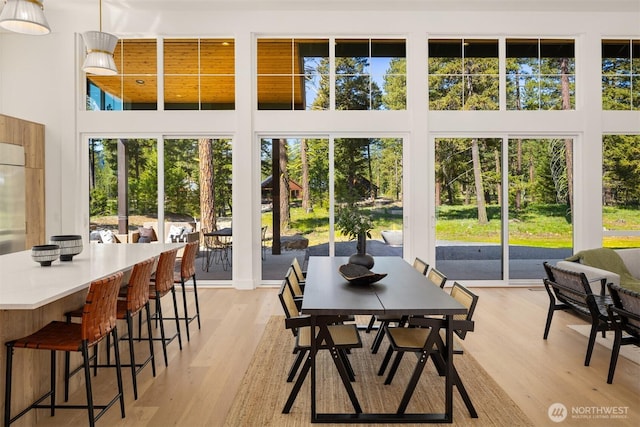 sunroom / solarium with a towering ceiling and wood finished floors