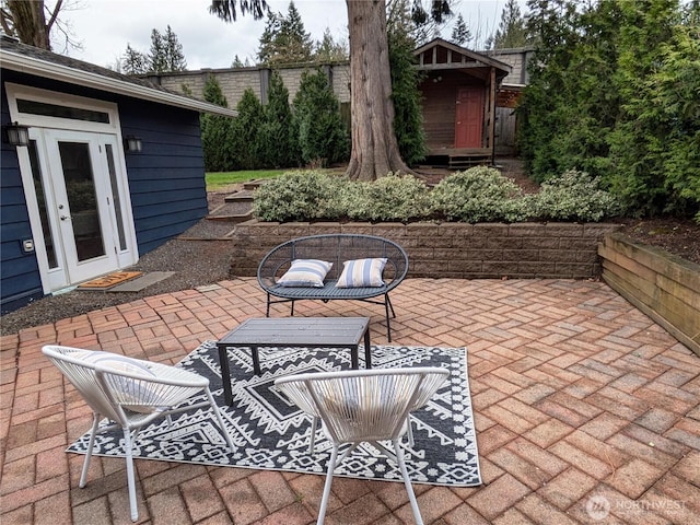 view of patio / terrace featuring an outdoor structure