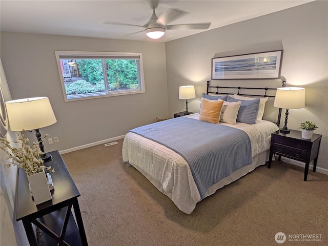bedroom featuring visible vents, ceiling fan, baseboards, and carpet floors