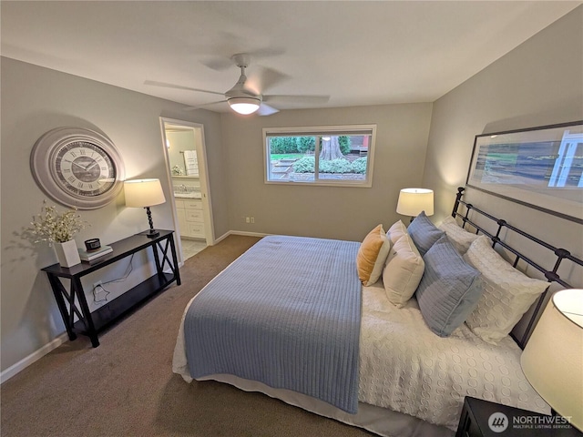 bedroom featuring carpet, baseboards, a sink, ceiling fan, and connected bathroom