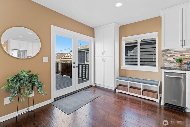 entryway with recessed lighting, french doors, baseboards, and dark wood-style flooring