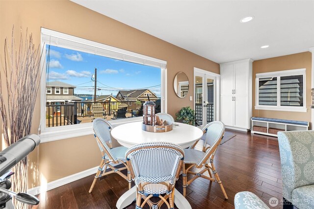 dining room featuring recessed lighting, french doors, dark wood-style flooring, and baseboards