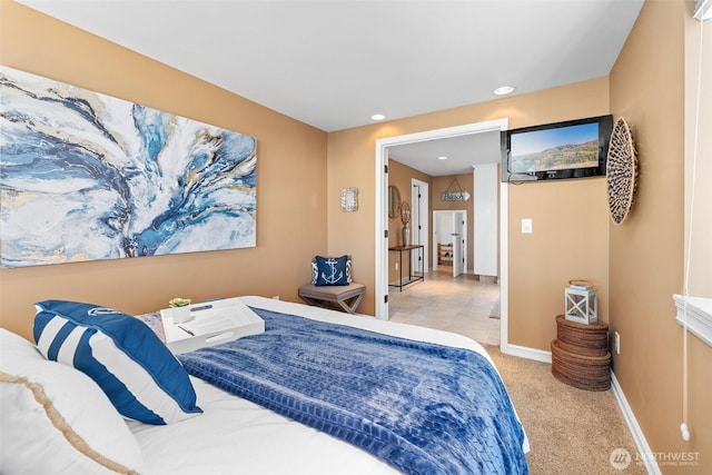 bedroom with recessed lighting, baseboards, and carpet floors