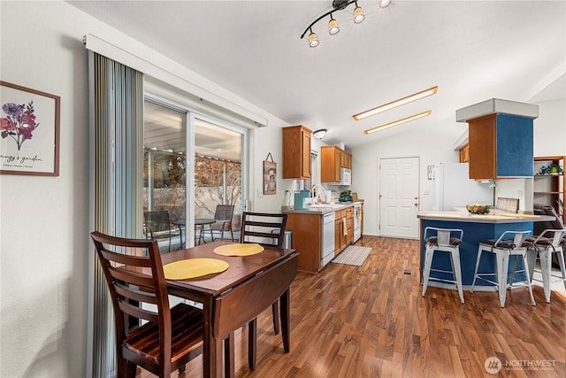 dining space featuring lofted ceiling and dark wood-type flooring