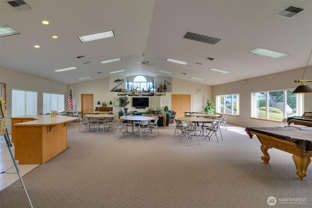 game room with pool table, vaulted ceiling, recessed lighting, and visible vents