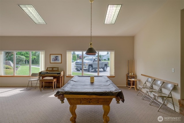 game room with baseboards, carpet, a healthy amount of sunlight, and billiards