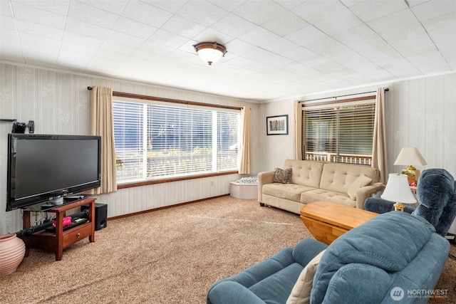 carpeted living area featuring baseboards