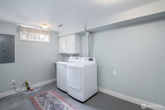 laundry room with washing machine and dryer, electric panel, cabinet space, and baseboards