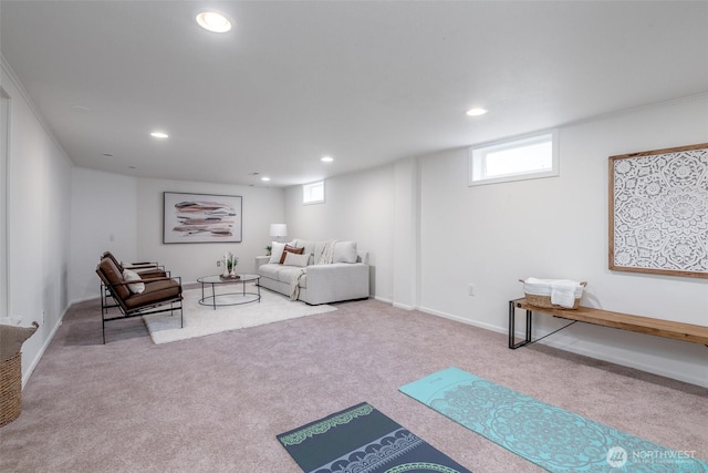 living area with recessed lighting, baseboards, and carpet floors