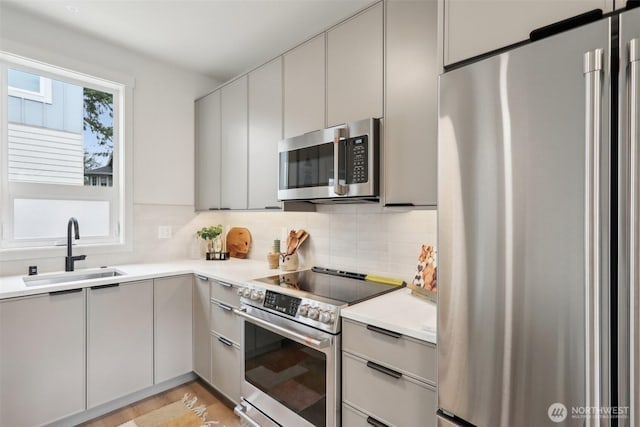 kitchen featuring gray cabinets, a sink, appliances with stainless steel finishes, light countertops, and decorative backsplash