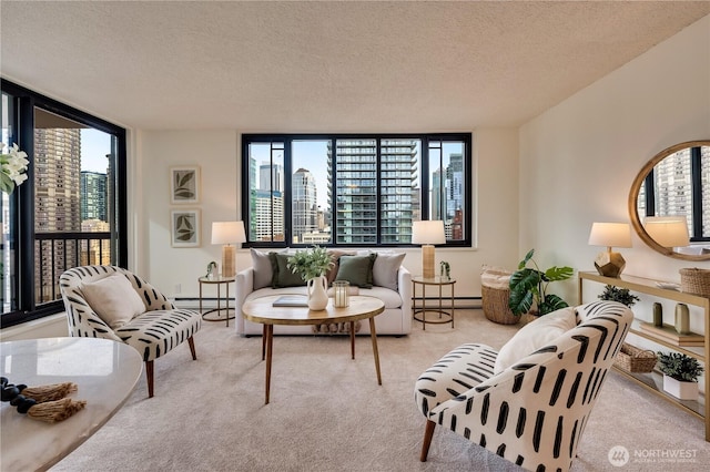 carpeted living room with baseboard heating, a textured ceiling, a view of city, and a baseboard heating unit