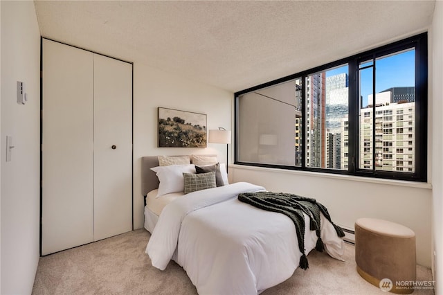 bedroom featuring a baseboard heating unit, a city view, carpet floors, a closet, and a textured ceiling