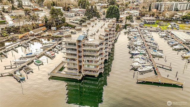 drone / aerial view featuring a water view