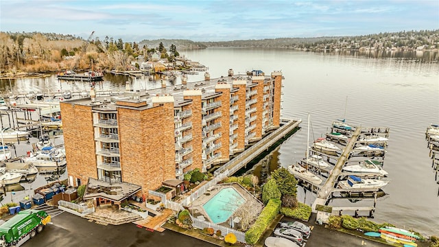 aerial view featuring a water view