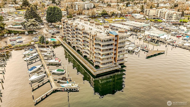 drone / aerial view with a water view and a city view