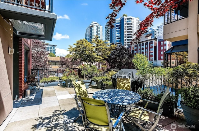 view of patio / terrace featuring a city view and a grill