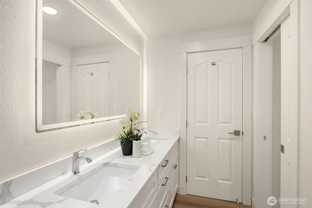 full bathroom with double vanity, wood finished floors, and a sink